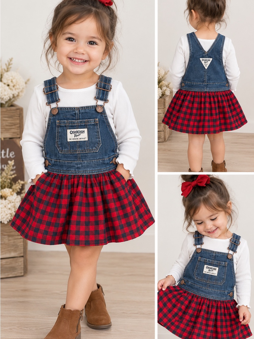 OshKosh B’gosh Toddler Girls 2T Denim Overall Plaid Skirt Dress Red Black